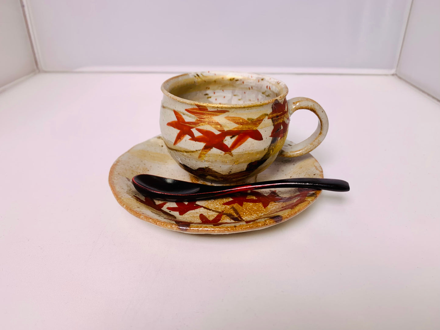 金彩雲錦 コーヒー 碗 小皿 14cm セット 漆 ティースプーン付き